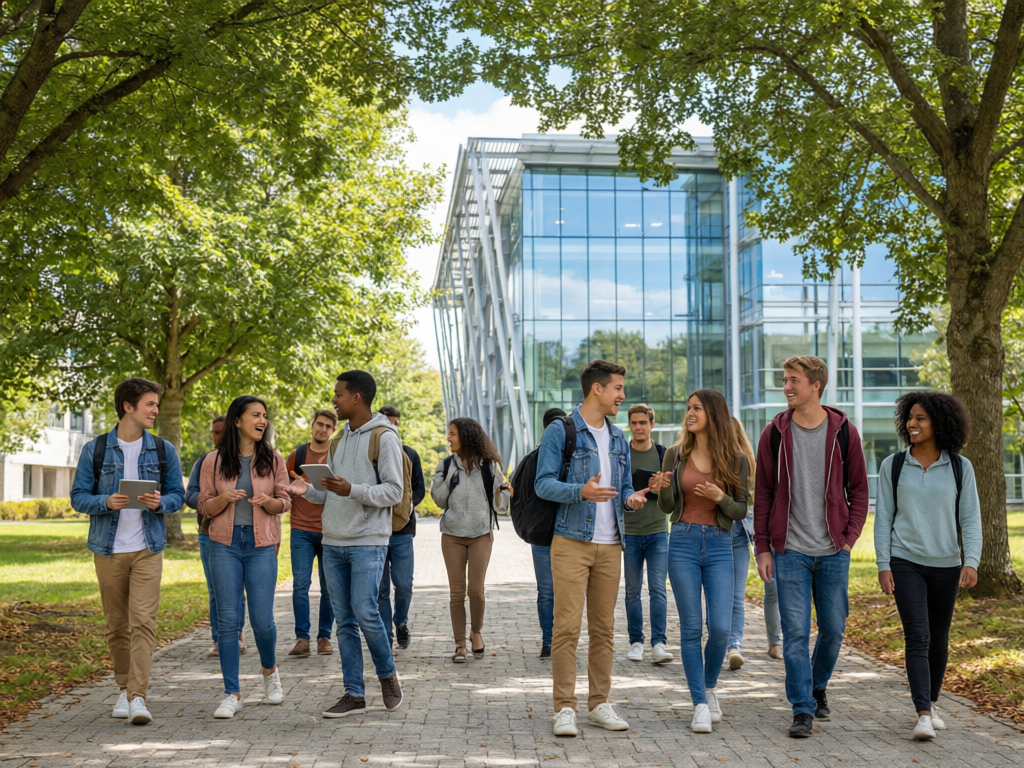 Students walking together on a modern campus