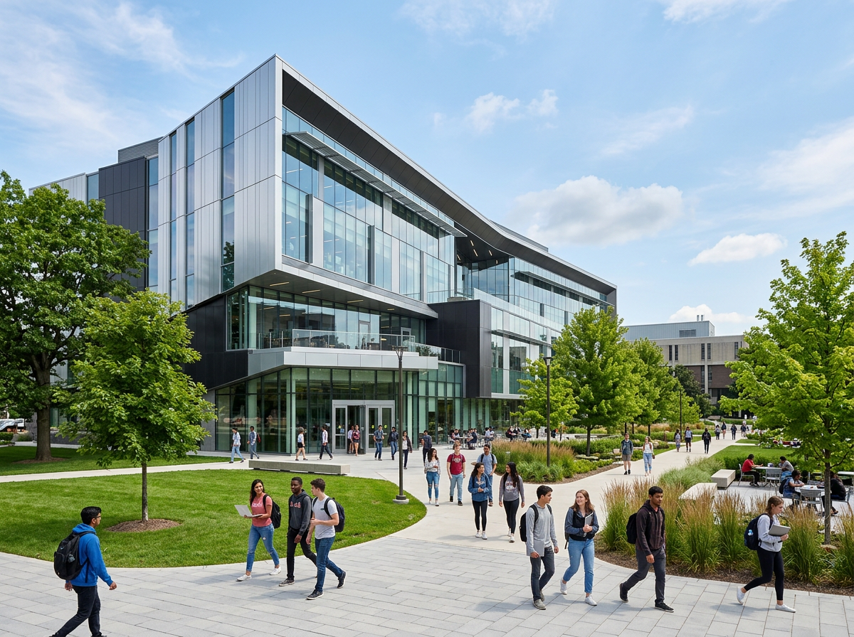 Modern campus building with a landscaped plaza