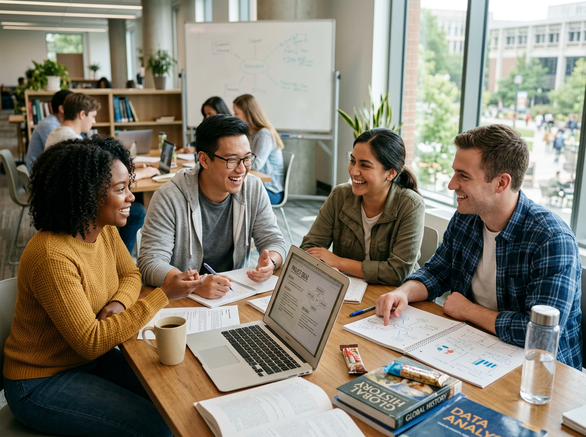 Students collaborating around a table on a group project